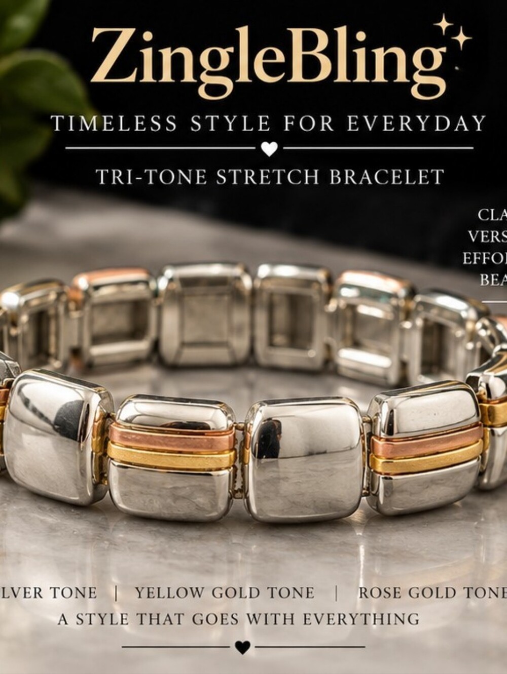 Liz Claiborne Tri Tone Stretch Panel Bracelet Silver Gold Copper Tone